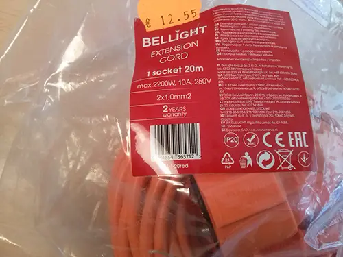 Photo de l’avis officiel: BELLIGHT Extension cord Cordon d’extension — risque: Brûlures & Choc électrique