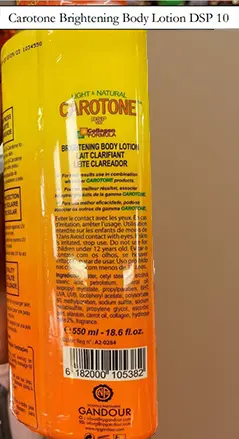 Foto aus der offiziellen Meldung: Carotone, Gandour, Nouvelle Parfumerie Gandour Brightening Body Lotion Hautaufhellende Lotion — Risiko: Chemikalie