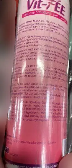 Photo de l’avis officiel: Mama Africa Cosmetics Vit-Fee Whitening Beauty Lotion Lotion éclaircissante pour la peau — risque: Risque chimique