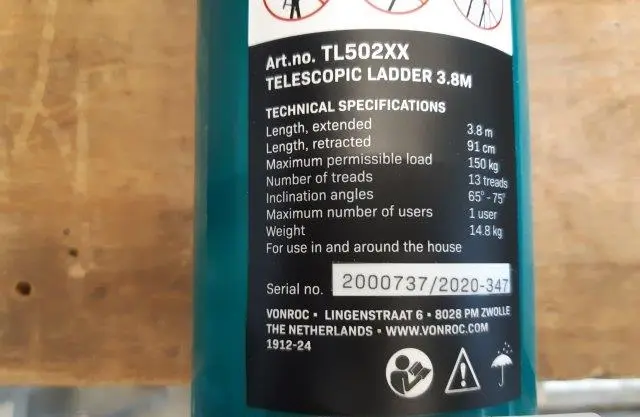 Photo de l’avis officiel: Vonroc Telescopic Ladder 3.8M Échelle — risque: Blessures