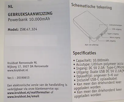 Photo from the official notice: Kruidvat, Trekpleister Powerbank — burns & fire risk