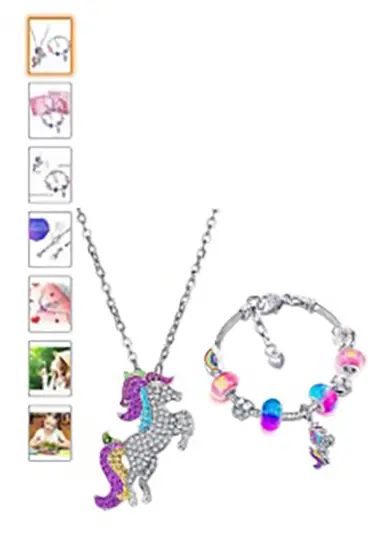 Foto aus der offiziellen Meldung: Hicarer, The Magical Unicorn Glitzerndes Einhorn-Armband-Halsketten-Set mit glitzernden Kristallen, mit Grußka — Risiko: Chemikalie