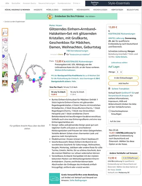 Foto aus der offiziellen Meldung: Hicarer, The Magical Unicorn Glitzerndes Einhorn-Armband-Halsketten-Set mit glitzernden Kristallen, mit Grußka — Risiko: Chemikalie