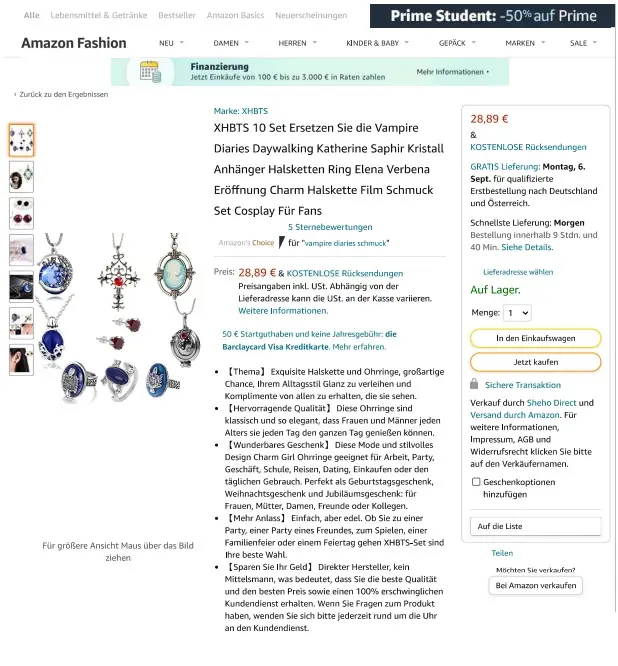 Photo from the official notice: XHBTS XHBTS 10 Set Ersetzen Sie die Vampire Diaries Daywalking Katherine Saphir Kristall Anhänger jewellery se — chemical risk