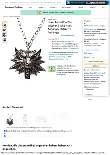 Photo de l’avis officiel: DGP Witcher-Anhänger mit Halskette Collier avec pendentif — risque: Risque chimique
