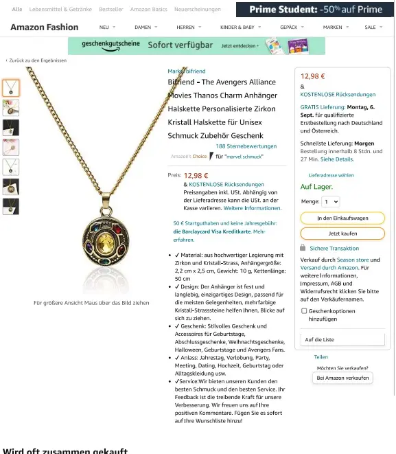 Photo de l’avis officiel: Meirenpeizi - Zhijia Jewelry, bifriend Bifriend-The Avengers Alliance Movies Thanos Charm Anhänger Halskette P — risque: Risque chimique