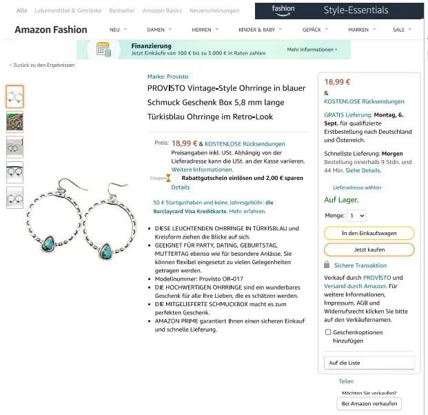 Photo from the official notice: Provisto Vintage-Style Ohrringe in blauer Schmuck Geschenk Box 5,8 mm lange Türkisblau Ohrringe im Retro-Look  — chemical risk