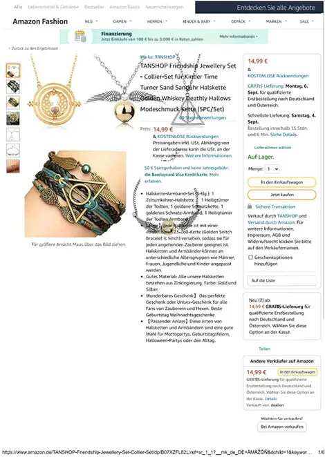 Photo from the official notice: TANSHOP TANSHOP Friendship Jewellery Set - Collier-Set für Kinder Time Turner Sand Sanuhr Halskette Golden W — chemical risk