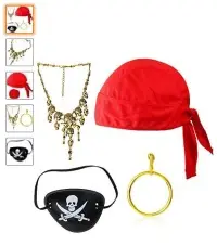 Foto del aviso oficial: Beelittle Beelittle 4 Stück Captain Pirate Kostüm Zubehör Set DOO Rag Skull Cap Piratenauge Patch Gold Ohrring — riesgo: Riesgos químicos