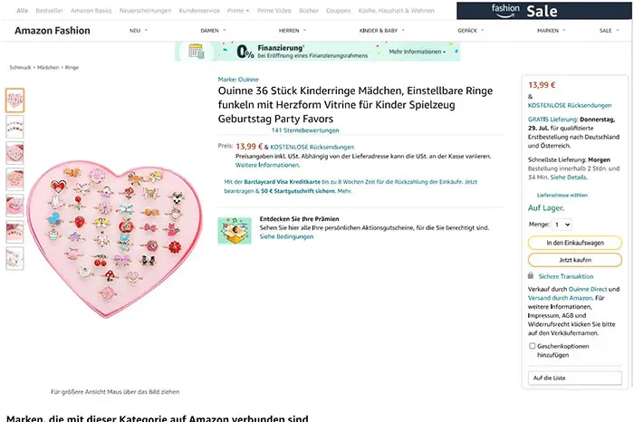 Photo from the official notice: Ouinne Ouinne 36 Stück Kinderringe Mädchen, Einstellbare Ringe funkeln mit Herzform Vitrine für Kinder Spie ch — chemical risk
