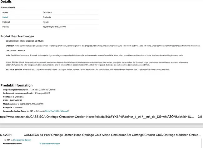 Photo from the official notice: CASSIECA CASSIECA 84 Paar Ohrringe Damen Hoop Ohrringe Gold Kleine Ohrstecker Set Ohrringe Creolen Gross Orri  — chemical risk