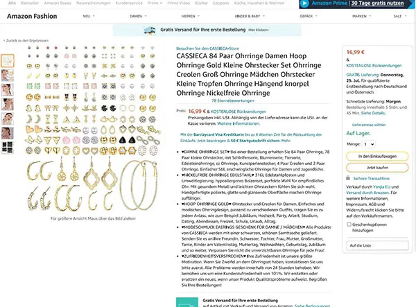 Photo from the official notice: CASSIECA CASSIECA 84 Paar Ohrringe Damen Hoop Ohrringe Gold Kleine Ohrstecker Set Ohrringe Creolen Gross Orri  — chemical risk