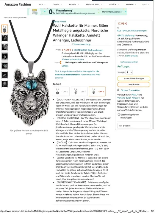 Photo de l’avis officiel: PikaLF Wolf-Halskette für Männer Collier — risque: Risque chimique