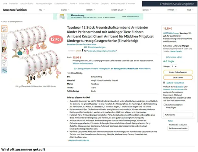 Foto aus der offiziellen Meldung: Tacobear Tacobear 12 Stück Freundschaftarmband Armbänder Kinder Perlenarmband mit Anhänger Tiere Einhorn Armbä — Risiko: Chemikalie