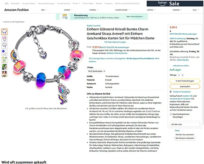 Foto do aviso oficial: Sumind Einhorn Glänzend Kristall Buntes Charm Armband Strass Armreif mit Einhorn Geschenkbox Karten Set Pulsei — risco: Químico