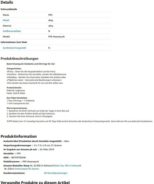Photo from the official notice: PPX PPX 3 Stück Halskette und Ohrschmuck Retro Steampunk Uhrenteile Borduhrgänge Rädchen Ohrringe Antike neckl — chemical risk