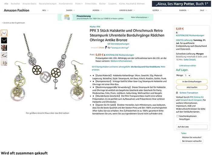 Photo from the official notice: PPX PPX 3 Stück Halskette und Ohrschmuck Retro Steampunk Uhrenteile Borduhrgänge Rädchen Ohrringe Antike neckl — chemical risk
