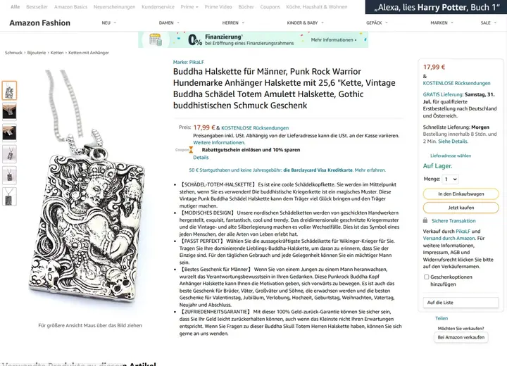 Foto aus der offiziellen Meldung: PikaLF Buddha Halskette für Männer, Punk Rock Warrior Hundemarke Anhänger Halskette mit 25,6" Kette Halskette  — Risiko: Chemikalie