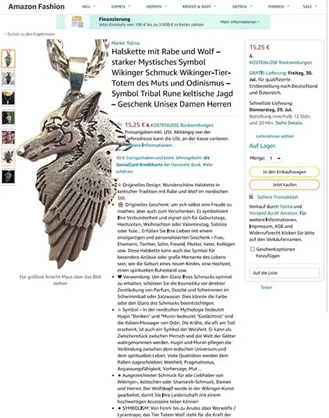 Foto aus der offiziellen Meldung: Tolma Halskette mit Rabe und Wolf - starker Mystische Symbol Wikinger Schmuck Wikinger-Tier-Totem des Muts Hal — Risiko: Chemikalie