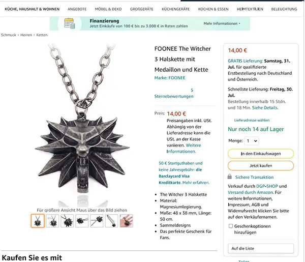 Photo de l’avis officiel: FOONEE FOONEE The Witcher 3 Halskette mit Medaillon und Kette Collier avec pendentif — risque: Risque chimique