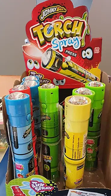 Foto do aviso oficial: Mada Sweet Johny Bee Torch Spray Tocha de brinquedo com doces — risco: Queimaduras & Químico