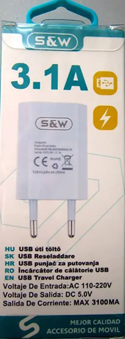 Photo de l’avis officiel: S&amp;W USB Travel charger Chargeur USB — risque: Choc électrique