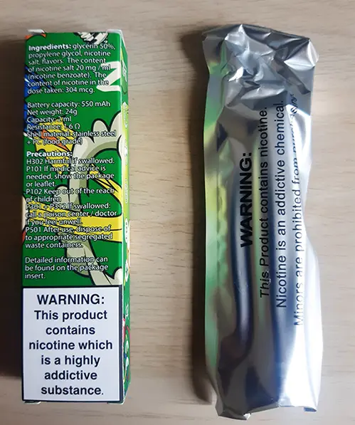 Photo from the official notice: Aroma King 700+puff 20mg salt nicotine Aroma King 700+puff 20 mg salt nicotine disposable electronic cigarette — chemical risk
