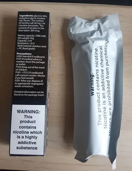 Photo from the official notice: Aroma King 2000 puffs 20mg salt nicotine Aroma King 2000 puffs 20 mg salt nicotine disposable electronic cigar — chemical risk