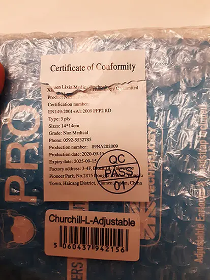 Foto aus der offiziellen Meldung: Cambridge, Cambridge Mask PRO Facial PPE Partikelfiltermaske — Risiko: Gesundheitsrisiken/Sonstige