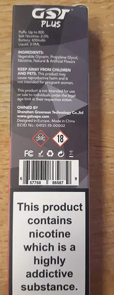 Photo from the official notice: GTS Plus GST Plus 800 puffs 20 mg/ml (2%) disposable electronic cigarette — chemical risk