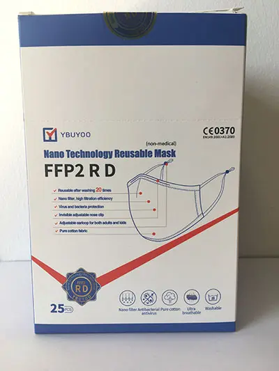 Photo from the official notice: YBUYOO YBUYOO Nano Technology Reusable Mask FFP2 R D particle filter mask — health risk