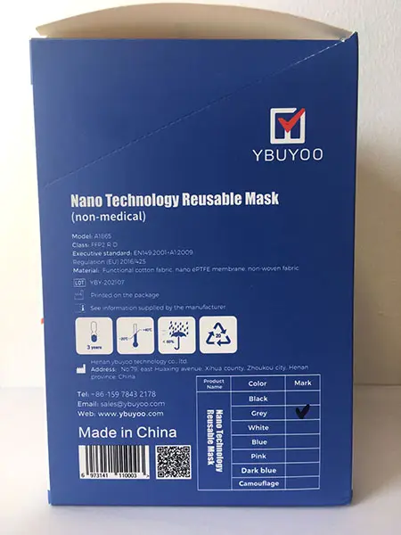 Photo from the official notice: YBUYOO YBUYOO Nano Technology Reusable Mask FFP2 R D particle filter mask — health risk