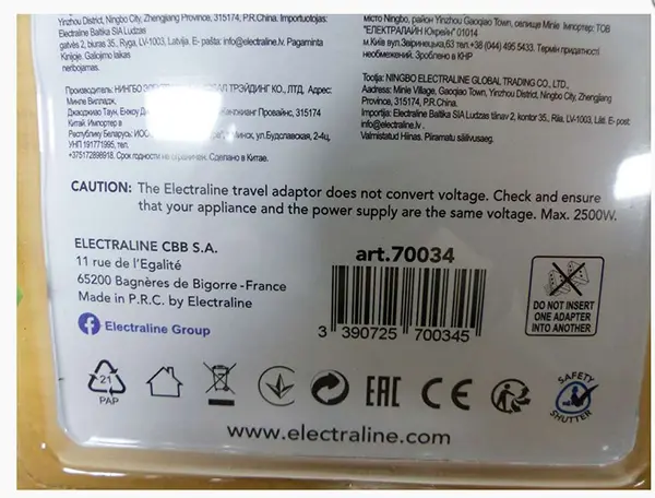 Foto aus der offiziellen Meldung: Electraline Travel Adaptor - World to Europe Reiseadapter — Risiko: Elektrischer Schlag