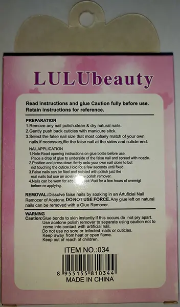Photo de l’avis officiel: LULUBeauty Salon Qunliry Faux ongles — risque: Risque chimique