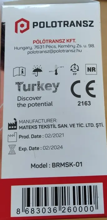 Foto del aviso oficial: Polotransz FFP2 eldobható szájmaszk / DISPOSABLE FFP2 FACE MASK Máscara de filtro de partículas — riesgo: Otros riesgos para la salud