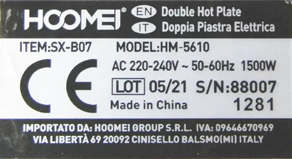 Foto do aviso oficial: HOOMEI Single hot Plate Placa quente — risco: Choque elétrico