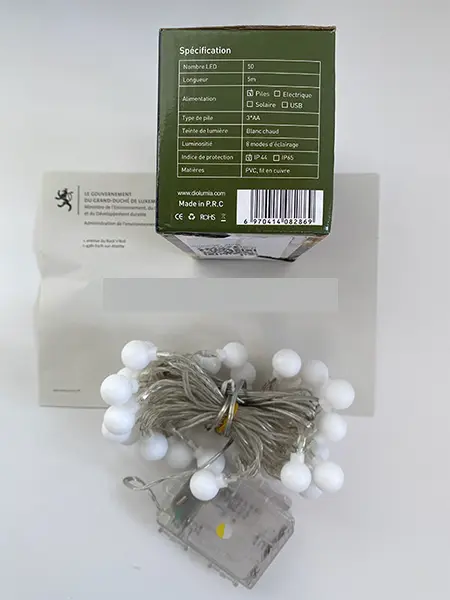 Photo from the official notice: Diolumia Guirlande lumineuse Noël LED a Piles 5m 50 boules lighting chain — environment risk