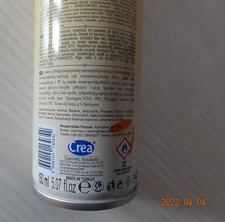 Foto uit de officiële melding: C.r.e.a.® Rosetta Sun Dance for Woman Perfume Spray Deodorant spray — risico: Chemische risico's