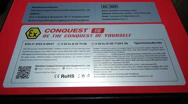Foto do aviso oficial: Conquest Conquest S16 ATEX Telefone inteligente — risco: Queimaduras & Incêndio