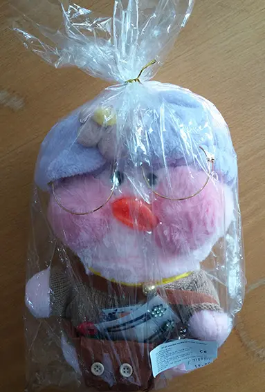 Photo from the official notice: Lalafanfan Pink plush stuffed toy duck with puffy pink cheeks „Lalafanfan“ soft toy — choking risk