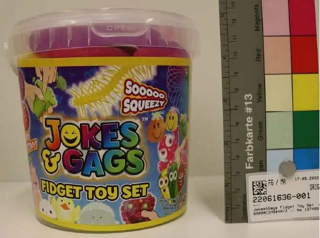 Photo from the official notice: HTI Jokes&amp;Gags Fidget Toy Set sooooo stretchy sooooo squeezy puffer toy and slime set — choking risk