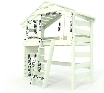 Foto aus der offiziellen Meldung: BIBEX Alpin chalet lit mezzanine pour enfant, lit double, lit de maison, bois massif laqué blanc Etagenbett — Risiko: Verletzungen