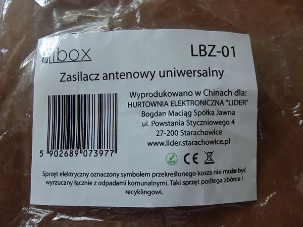 Foto uit de officiële melding: LIBOX Zasilacz antenowy uniwersalny Voeding — risico: Milieu