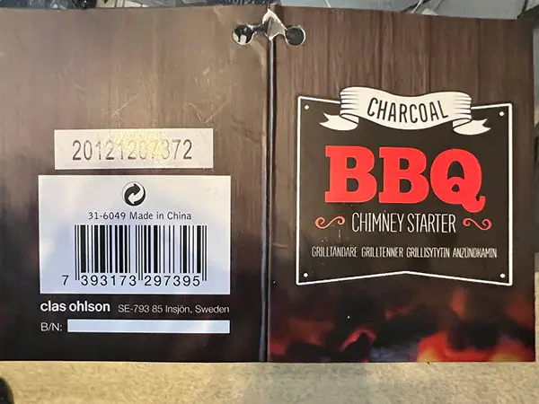 Foto uit de officiële melding: Clas Ohlson Piippusytytin, jossa kahva Houtskool barbecue starter — risico: Brandwonden & Brand