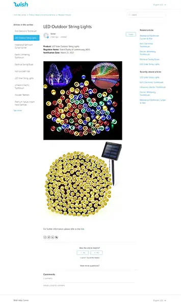 Photo de l’avis officiel: Outdoor lighting string Corde d’éclairage extérieur — risque: Risque chimique & Environnement