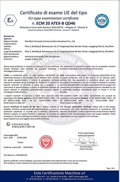 Foto do aviso oficial: Conquest Smartphone para atmosferas explosivas — risco: Queimaduras & Ferimentos (A12/00951/22)