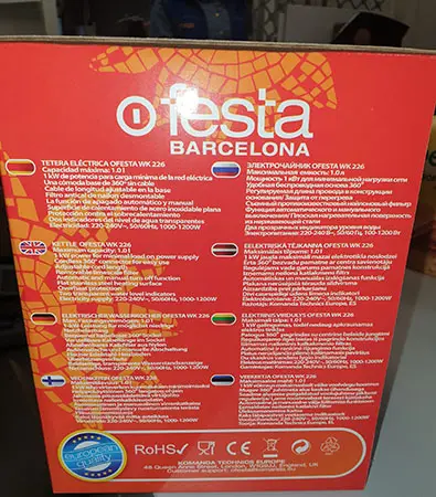 Photo de l’avis officiel: OFESTA BARCELONA OFESTA WK 226 Bouilloire électrique — risque: Brûlures & Choc électrique
