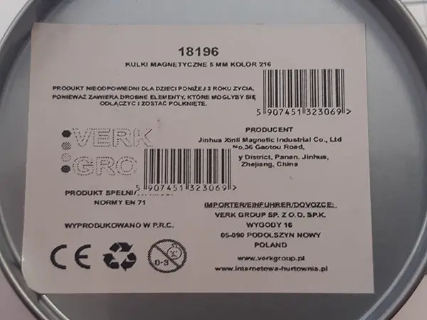 Foto do aviso oficial: VERK GROUP Kulki magnetyczne 5mm kolor 216 Bolas magnéticas — risco: Ferimentos