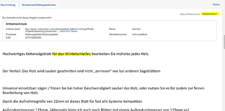 Foto dell’avviso ufficiale: Stanford Kettensägeblatt 120 mm für Winkelschleifer beworben Lama circolare per sega — rischio: Tagli