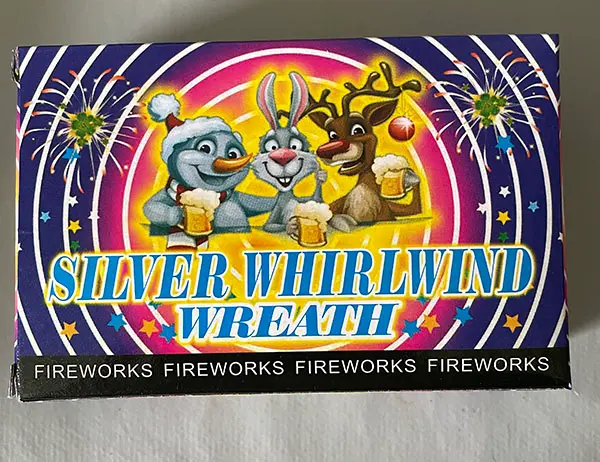 Photo from the official notice: Aalborg Fyrærkerifabrik A/S Silver Whirlwind Wreath fireworks — burns & damage to sight risk